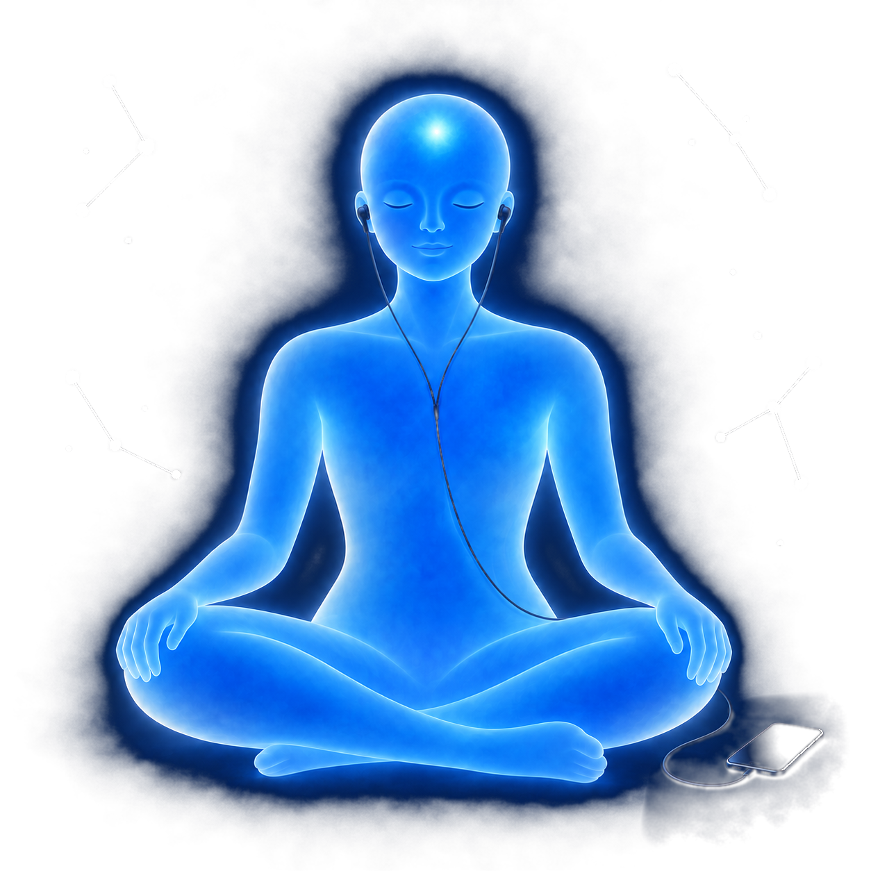 Figura de luz azul sentada, escuchando una práctica con auriculares conectados al teléfono